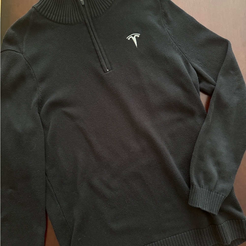 Tesla Sweater Mens M Black Quarter Zip Mock Neck Pullover Embroidered Logo